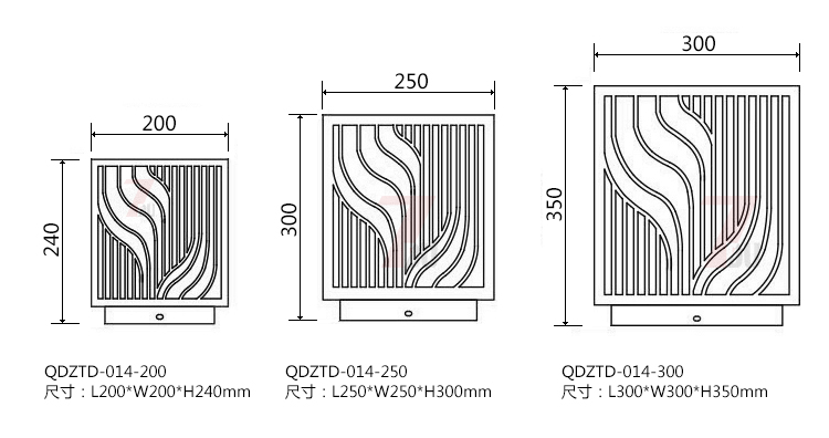 (QDZTD-014)古铜拉丝割花方形矮柱柱头灯200mm、250mm、300mm尺寸示意图